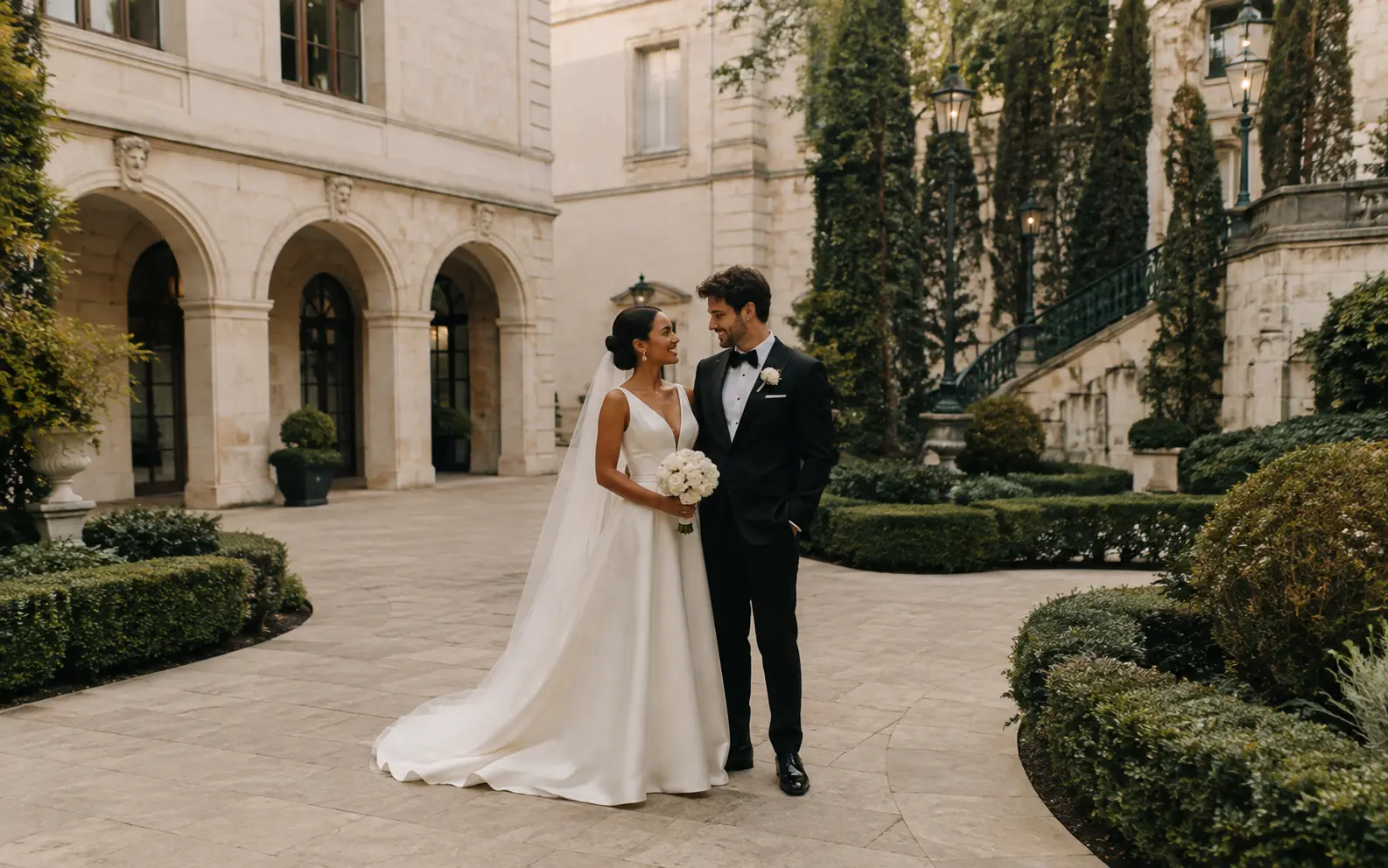 Elegant couple at a wedding venue